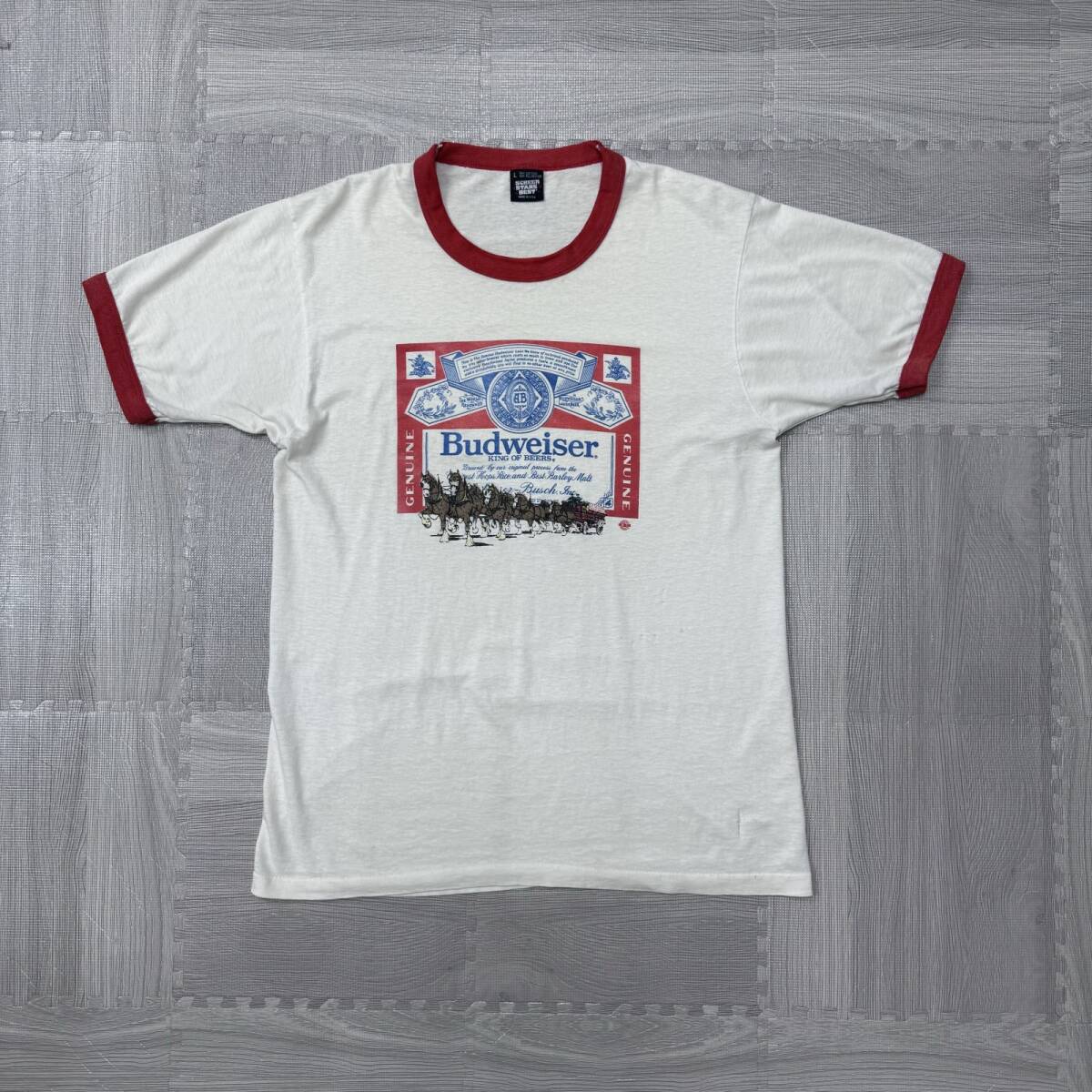 古着 90s SCREEN STARS Budweiser バドワイザー USA製 リンガー Tシャツ トップス メンズＬ ホワイト