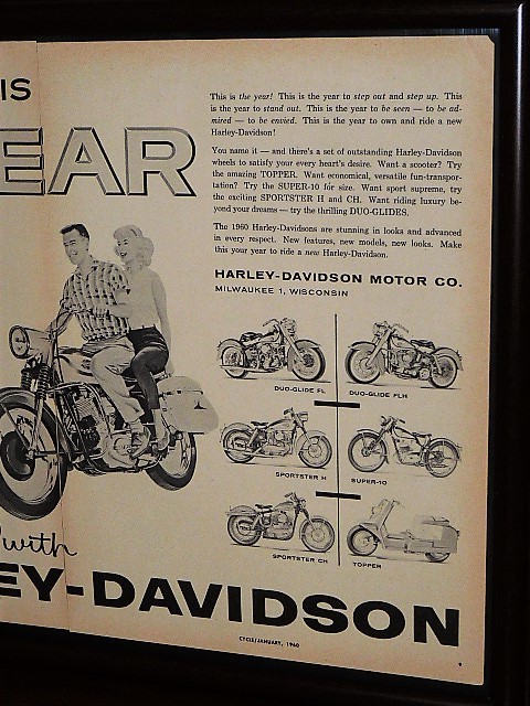 1960年 USA 60s 洋書雑誌広告 額装品 Harley Davidson デュオグライド FL FLH スポーツスター H CH トッパー / 店舗 ガレージ 看板(A3size)_画像3