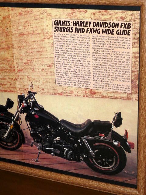 1980年 USA 洋書雑誌記事 額装品 Harley Davidson FXB Sturgis + FXWG Wide Glide (A3size) / 検索用 店舗 看板 ガレージ ディスプレイ AD_画像3
