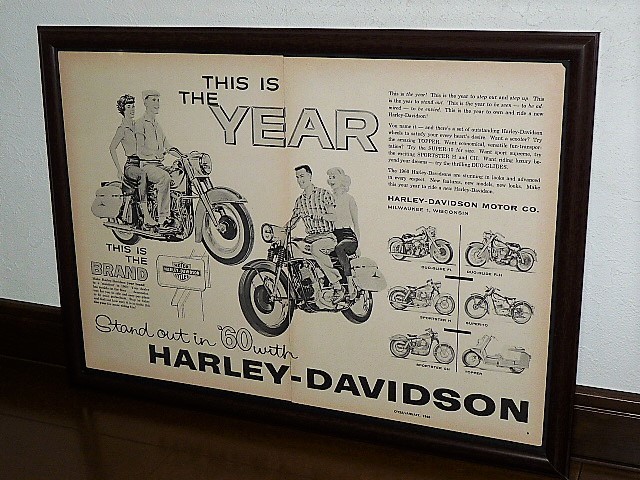 1960年 USA 60s 洋書雑誌広告 額装品 Harley Davidson デュオグライド FL FLH スポーツスター H CH トッパー / 店舗 ガレージ 看板(A3size)_画像1