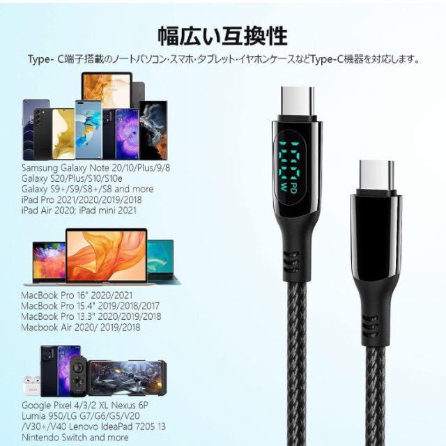 【未使用】MINSLIS DC01 USB Type C ケーブル 100W/5A PD対応 Type-C to Type-C 急速充電 出力スクリーン表示 ナイロン編み 1.5m