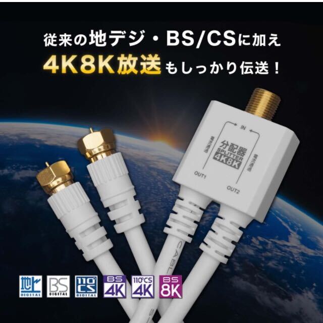 【未使用】ホーリック(HORIC) アンテナ分配器 【4K8K放送(3224MHz)/BS/CS/地デジ/CATV 対応】 ケーブル一体型 50cm 送料込★_画像2