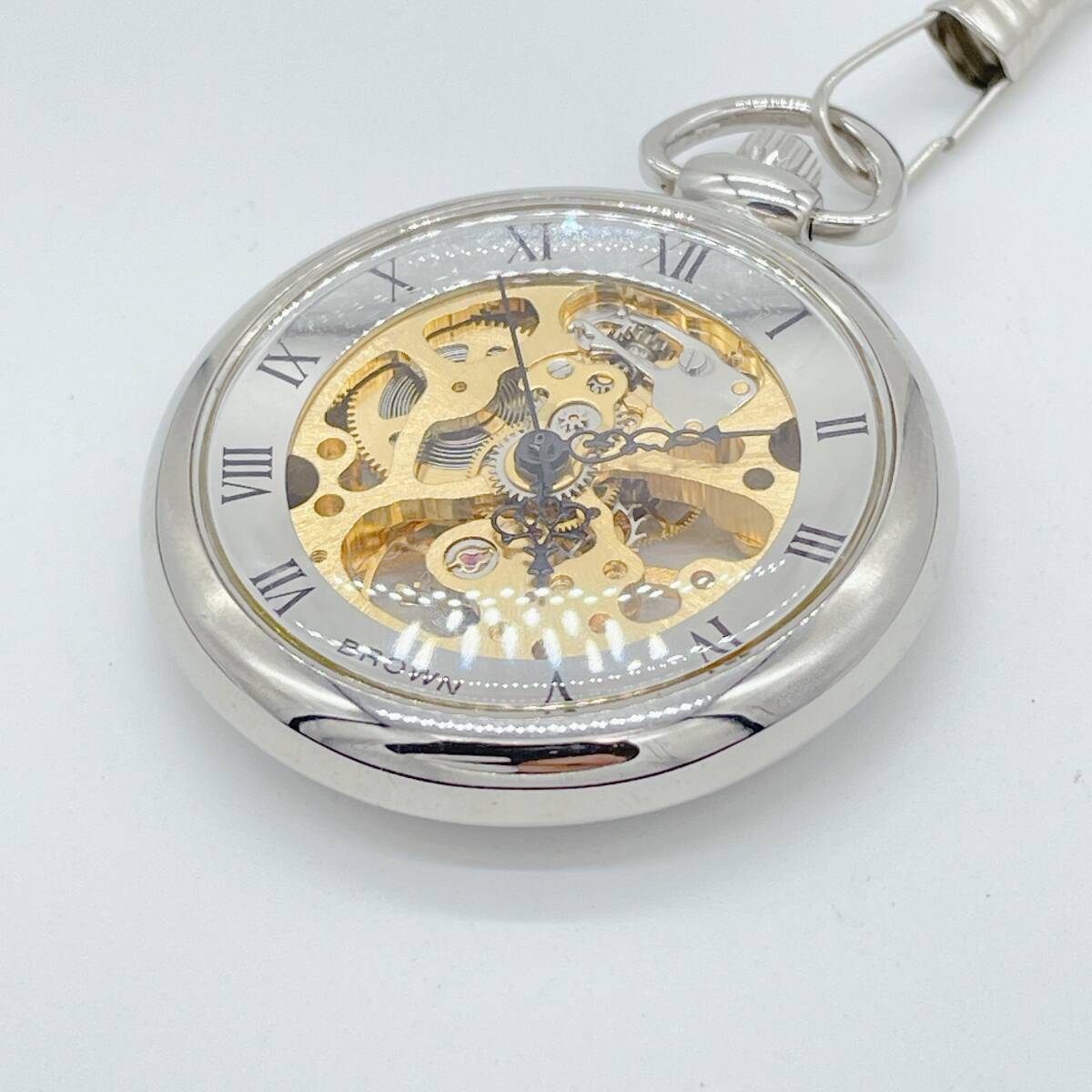 稼働品 BROWN ブラウン 手巻き式懐中時計 両面スケルトン ローマンベゼル の画像3