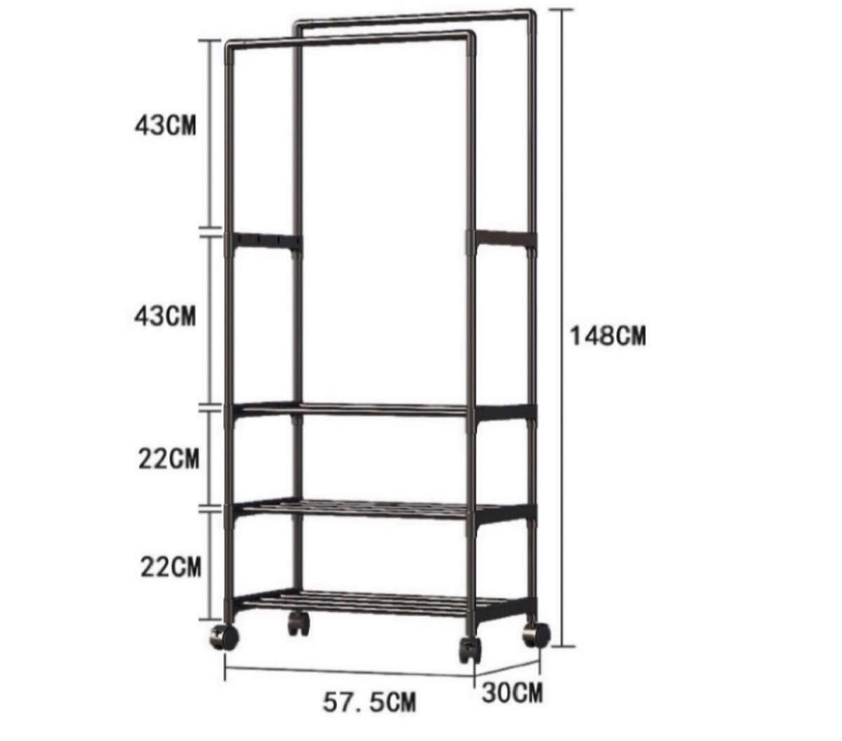 キャスター付き ダブルポール ハンガーラック 黒 物干し コートラック 部屋干し 洋服収納 衣類ラック ３段ラック ブラック