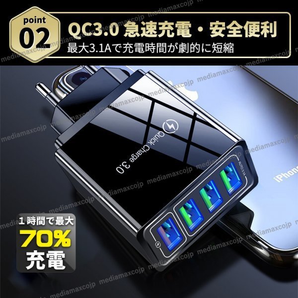 USB アダプター ACアダプター スマホ 急速 充電器 4ポート iPhone Android 電源 コンセント QC3.0 小型 軽量 安全保護 ２個 黒 ブラック_画像5