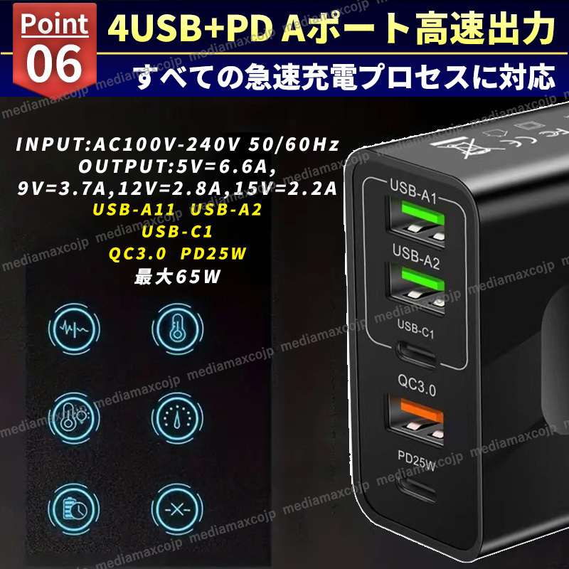 ACアダプター USB 急速 充電器 65W type-C タイプC スマホ パソコン FD QC3.0 保護 GaN コンセント 5ポート 同時充電 iPhone android 黒_画像8