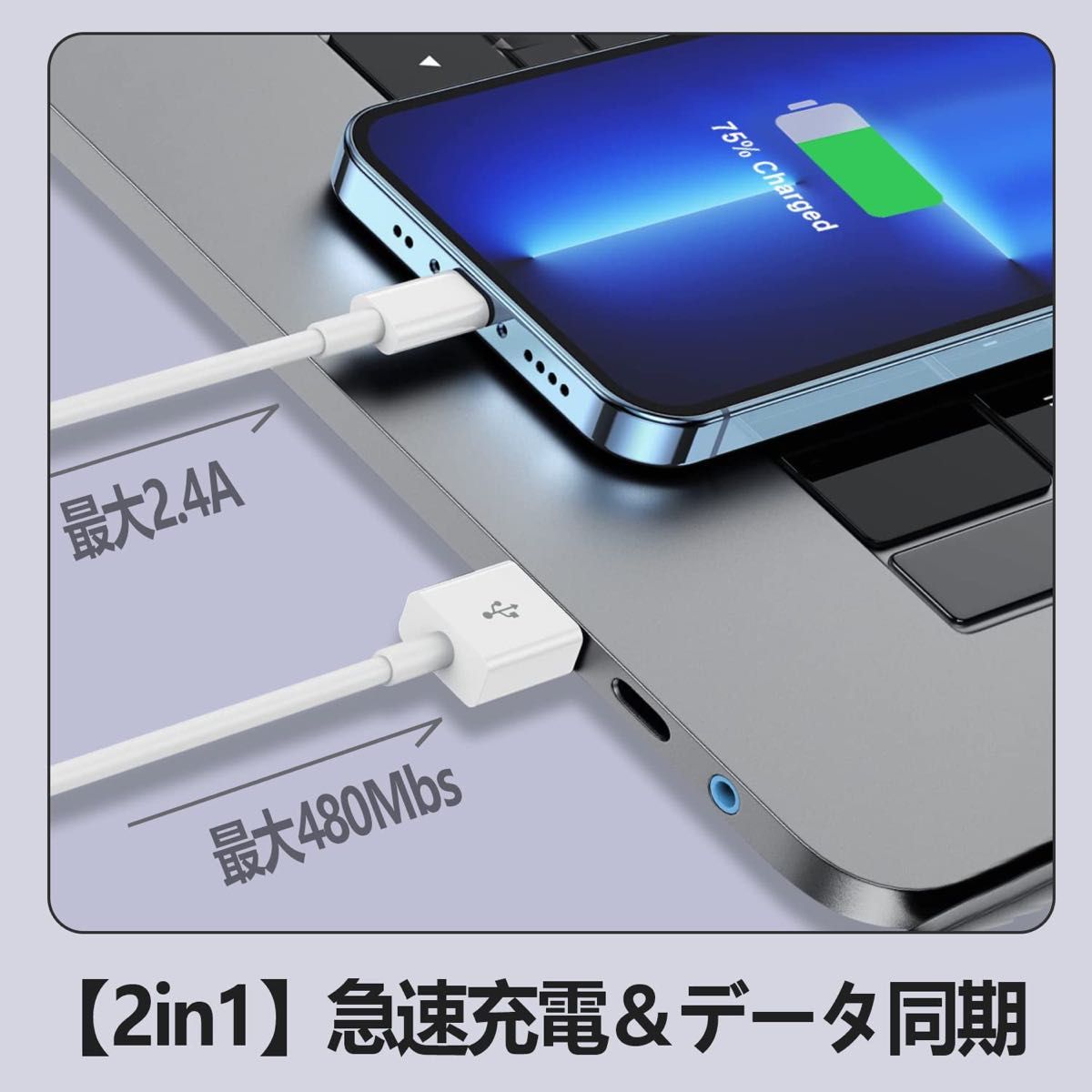 iPhone 充電ケーブル MFi認証品 1.8M 2本セット USB-A to Lightning ライトニング 急速充電