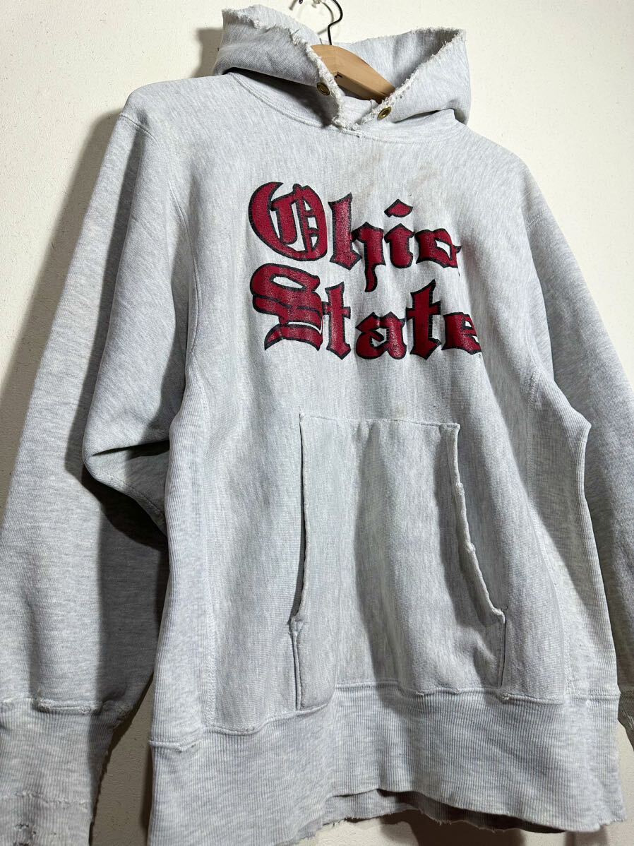 90s vintage champion Reverse weave hoodie Ohio State チャンピオン リバースパーカー古着 クラッシュ ダメージ Ｍ オハイオステート_画像3
