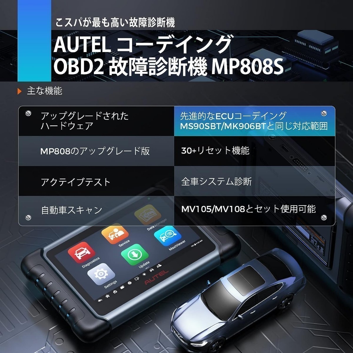 新品・日本語化済 Autel MaxiPRO MP808S OBD2診断機 輸入車 国産車 軽自動車 電気 ハイブリッド ECUコーディング アクティブテスト 2年無料の画像2