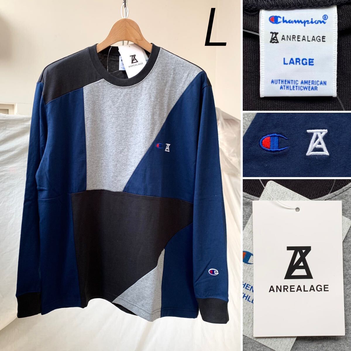 L 新品 Champion チャンピオン x ANREALAGE アンリアレイジ コラボ パッチワーク 長袖 Tシャツ 定1.87万 メンズ 長袖 ネイビー 送料無料_画像1