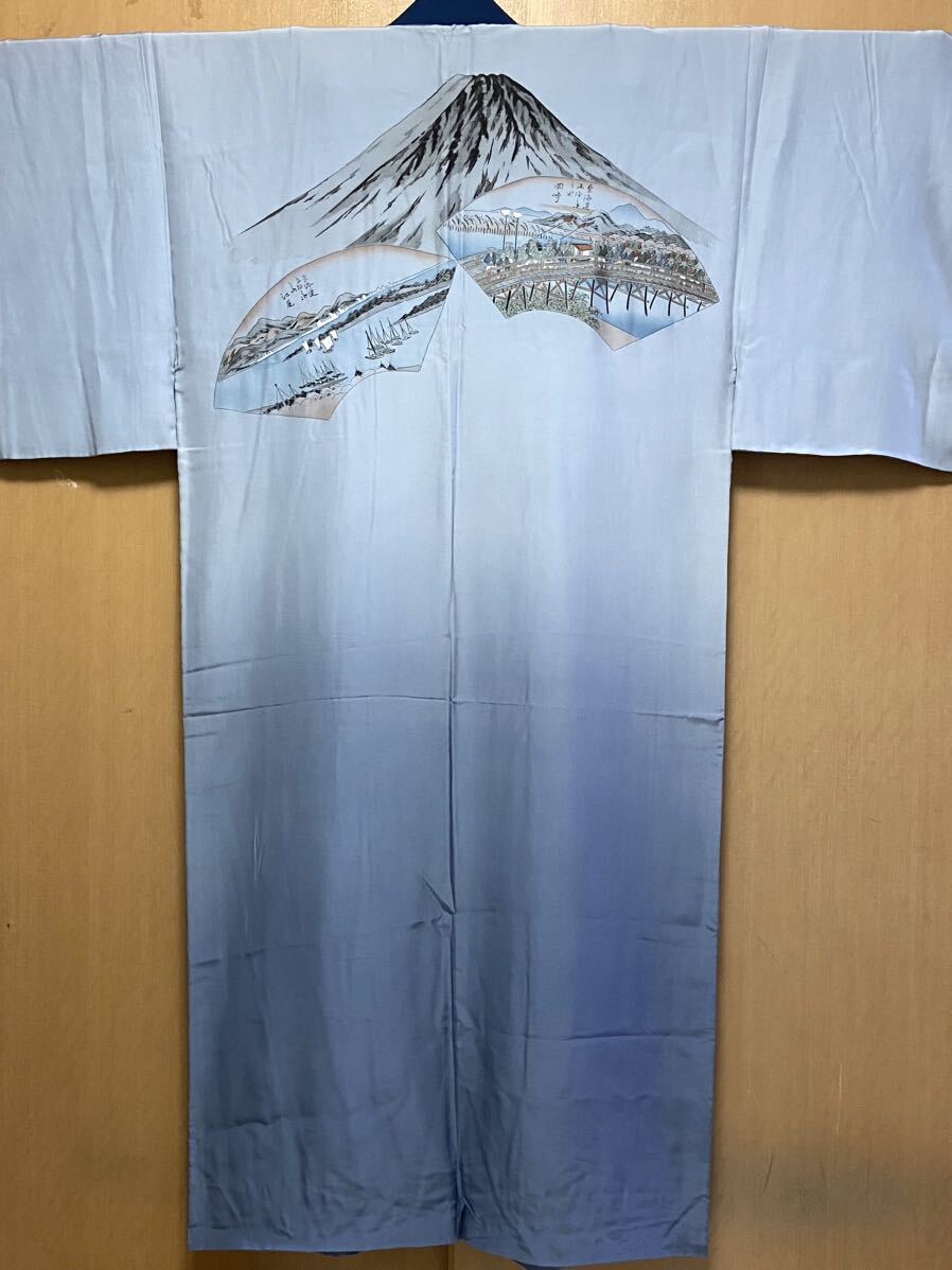  unused upbringing attaching * excellent article!.! blue . gradation Tokai road . 10 three next [..][ Okazaki ] for man silk . long kimono-like garment . river wide -ply 