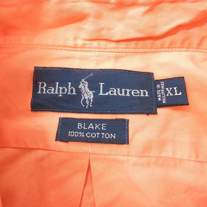XL/古着 ラルフローレン 半袖 ブランド シャツ メンズ 90s ワンポイントロゴ BLAKE 大きいサイズ ロング丈 コットン ボタンダウン オレンジ_画像4