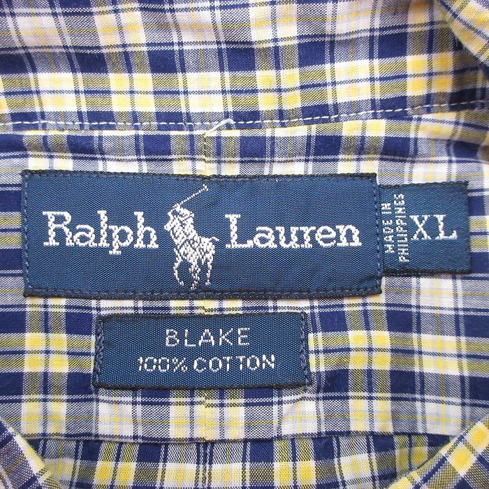 XL/古着 ラルフローレン 半袖 ブランド シャツ メンズ 90s ワンポイントロゴ BLAKE 大きいサイズ ロング丈 コットン ボタンダウン 紺他 ネ_画像5