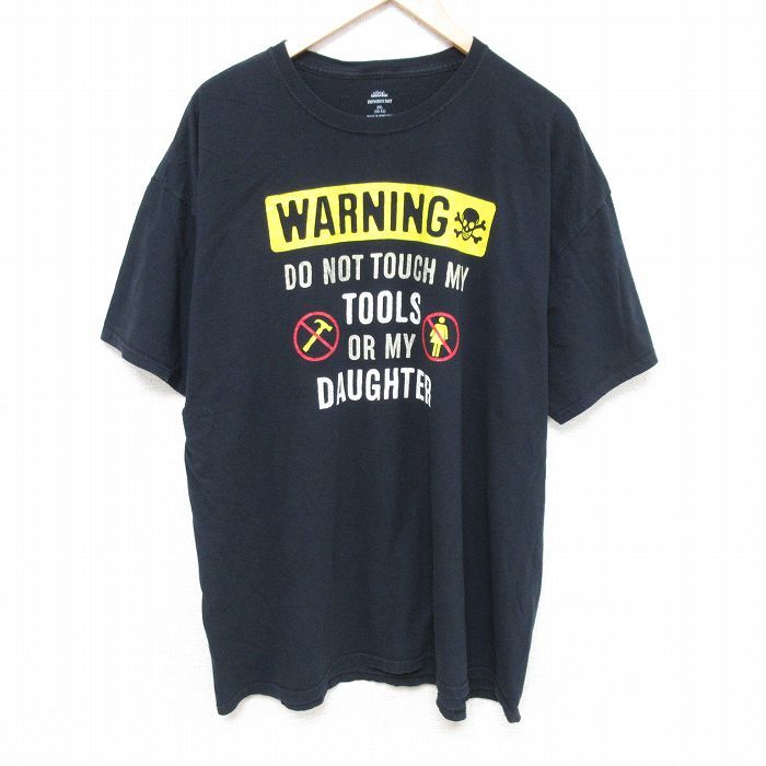 XL/古着 半袖 Tシャツ メンズ WARNING スカル 大きいサイズ コットン クルーネック 黒 ブラック 24mar09 中古_画像1