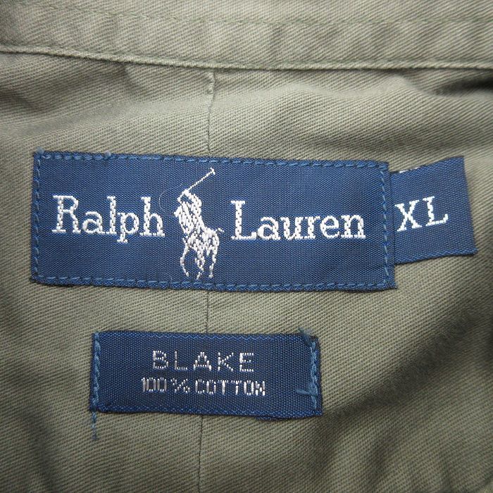 XL/古着 ラルフローレン 半袖 ブランド シャツ メンズ 90s ワンポイントロゴ BLAKE 大きいサイズ ロング丈 コットン ボタンダウン 緑系 グ_画像4