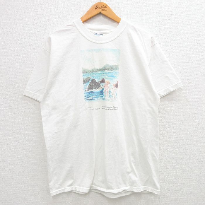 L/古着 半袖 ビンテージ Tシャツ メンズ 00s アート 海 コットン クルーネック 白 ホワイト spe 24mar09 中古の画像1