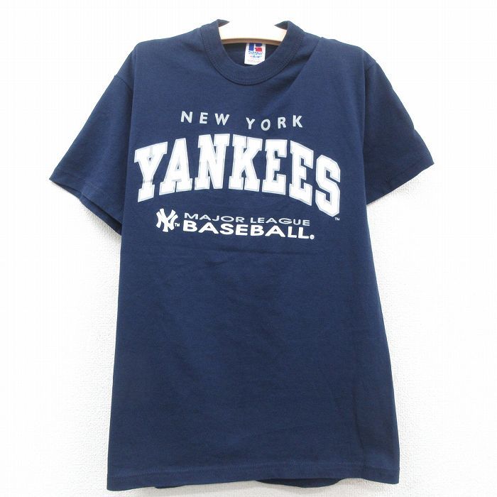 古着 ラッセル 半袖 ビンテージ Tシャツ キッズ ボーイズ 子供服 00s MLB ニューヨークヤンキース クルーネック 紺 ネイビー メジャー_画像1