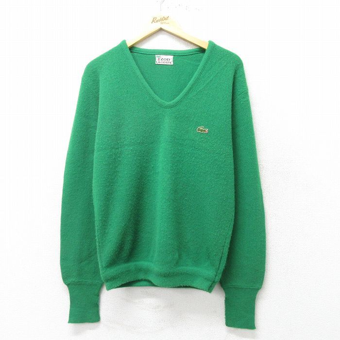 L/古着 ラコステ LACOSTE IZOD 長袖 ブランド セーター メンズ 80s ワンポイントロゴ アクリル Vネック 緑 グリーン 23dec06 中古 ニッ_画像1