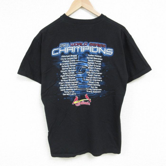 L/古着 マジェスティック 半袖 Tシャツ メンズ MLB セントルイスカージナルス ワールドシリーズ コットン クルーネック 黒 ブラック メ_画像2