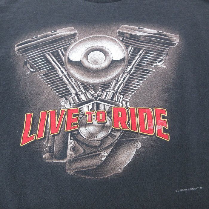 XL/古着 半袖 ビンテージ Tシャツ メンズ 00s LIVE TO RIDE エンジン バッファロースカル 大きいサイズ コットン クルーネック 黒 ブラ_画像3