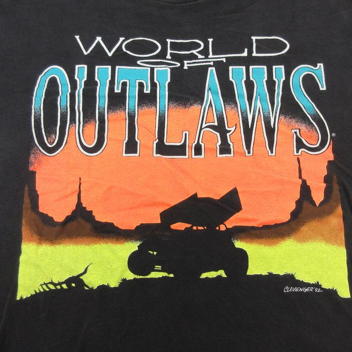 L/古着 ヘインズ 半袖 ビンテージ Tシャツ メンズ 90s WORLD OUTLAWS レーシングカー コットン クルーネック 黒 ブラック 23mar13 中古_画像3