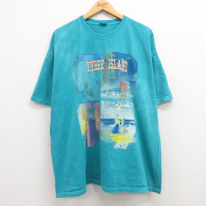 XL/古着 半袖 Tシャツ メンズ サーフィン 灯台 ティビーアイランド 大きいサイズ クルーネック 青緑 23sep08 中古_画像1