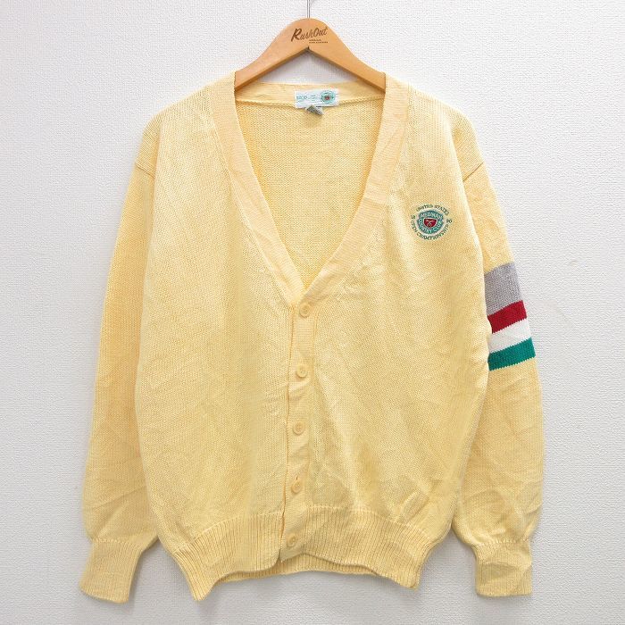 M/古着 IZOD 長袖 ニット カーディガン メンズ 90s MEDINAH フリーメイソン コットン 黄他 イエロー 23nov01 中古 トップス_画像1