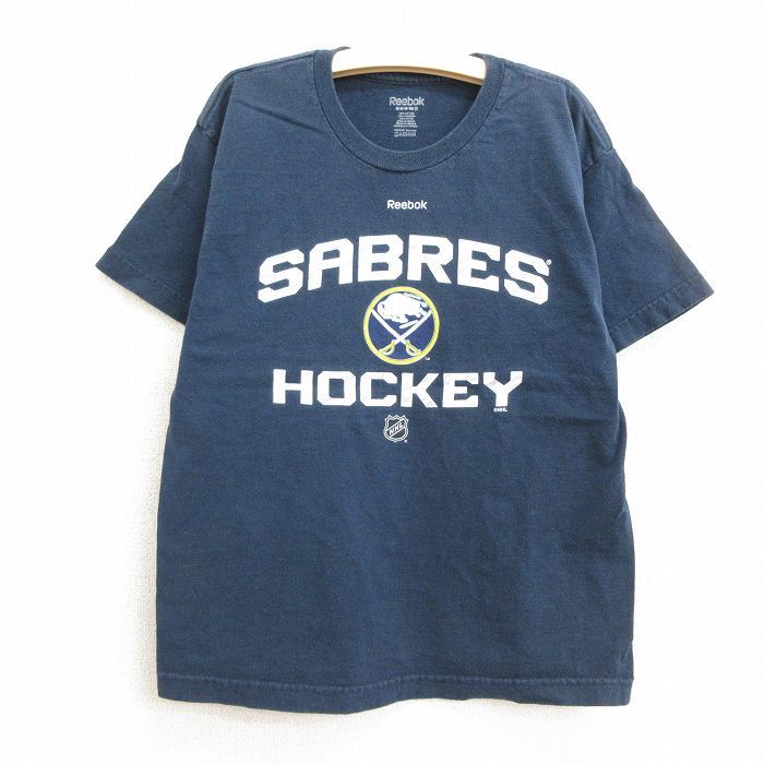 古着 リーボック 半袖 Tシャツ キッズ ボーイズ 子供服 NHL バッファローセイバーズ コットン クルーネック 紺 ネイビー アイスホッケ_画像1