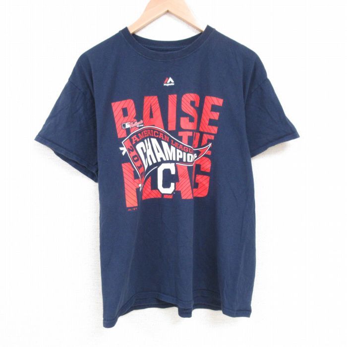 XL/古着 マジェスティック 半袖 Tシャツ メンズ MLB アメリカンリーグ コットン クルーネック 紺 ネイビー メジャーリーグ ベースボー_画像1