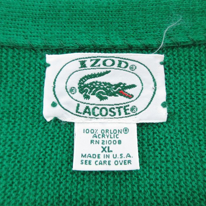 XL/古着 ラコステ LACOSTE 長袖 ブランド ニット カーディガン メンズ 90s ワンポイントロゴ アクリル 緑 グリーン 23sep27 中古 トッ_画像3