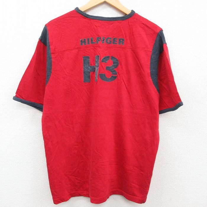 XL/古着 トミーヒルフィガー 長袖 ブランド Tシャツ メンズ ビッグロゴ フロッキープリント 大きいサイズ Vネック 赤他 レッド リンガ_画像1