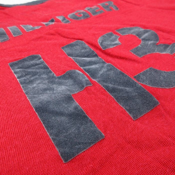 XL/古着 トミーヒルフィガー 長袖 ブランド Tシャツ メンズ ビッグロゴ フロッキープリント 大きいサイズ Vネック 赤他 レッド リンガ_画像5