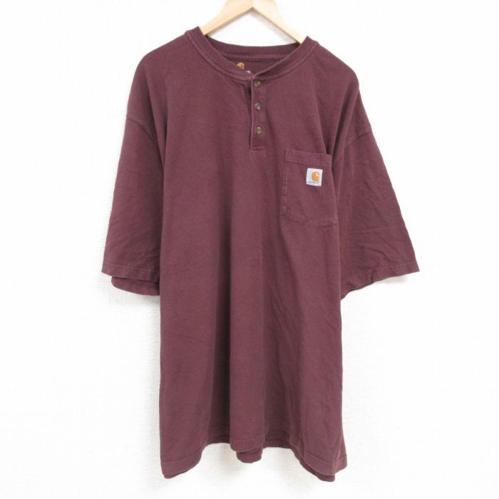 XL/古着 カーハート Carhartt 半袖 ブランド Tシャツ メンズ 胸ポケット付き 大きいサイズ ロング丈 コットン ヘンリーネック エンジ 2_画像1