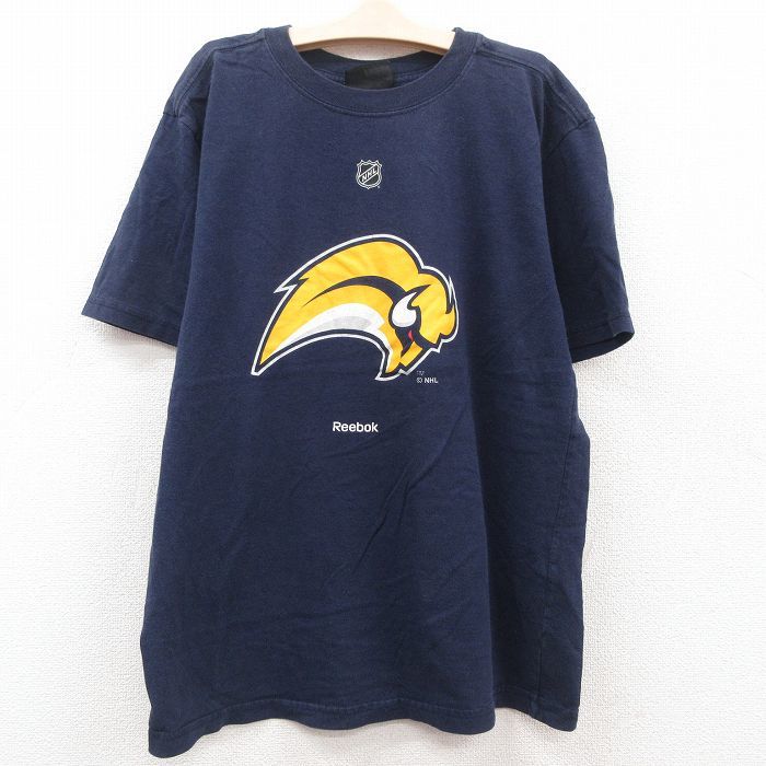 古着 リーボック 半袖 Tシャツ キッズ ボーイズ 子供服 NHL バッファローセイバーズ ラメ コットン クルーネック 紺 ネイビー アイスホ_画像1