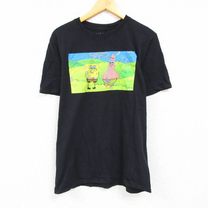 L/古着 半袖 Tシャツ メンズ ニコロデオン アニメ スポンジボブ パトリック コットン クルーネック 黒 ブラック 23may24 中古_画像1