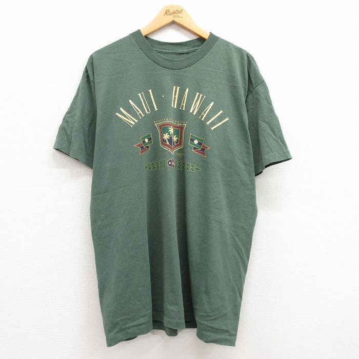 XL/古着 半袖 ビンテージ Tシャツ メンズ 90s マウイ ハワイ 大きいサイズ クルーネック 緑 グリーン ボーダー 23apr15 中古_画像1