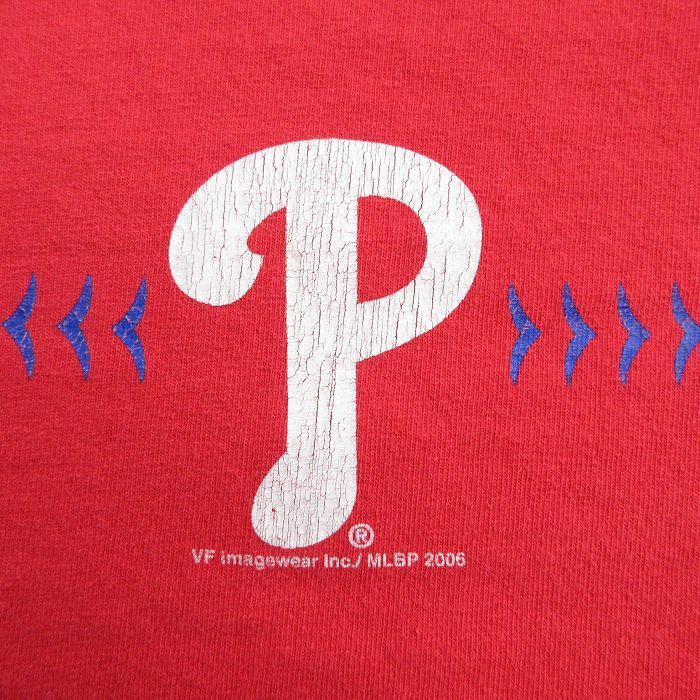 XL/古着 リー Lee 長袖 ビンテージ Tシャツ メンズ 00s MLB フィラデルフィアフィリーズ コットン クルーネック 赤 レッド メジャーリ_画像2