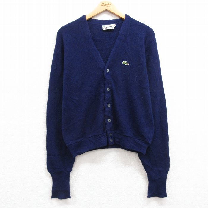 M/古着 ラコステ LACOSTE IZOD 長袖 ブランド ニット カーディガン メンズ 80s ワンポイントロゴ 紺 ネイビー 23sep27 中古 トップス