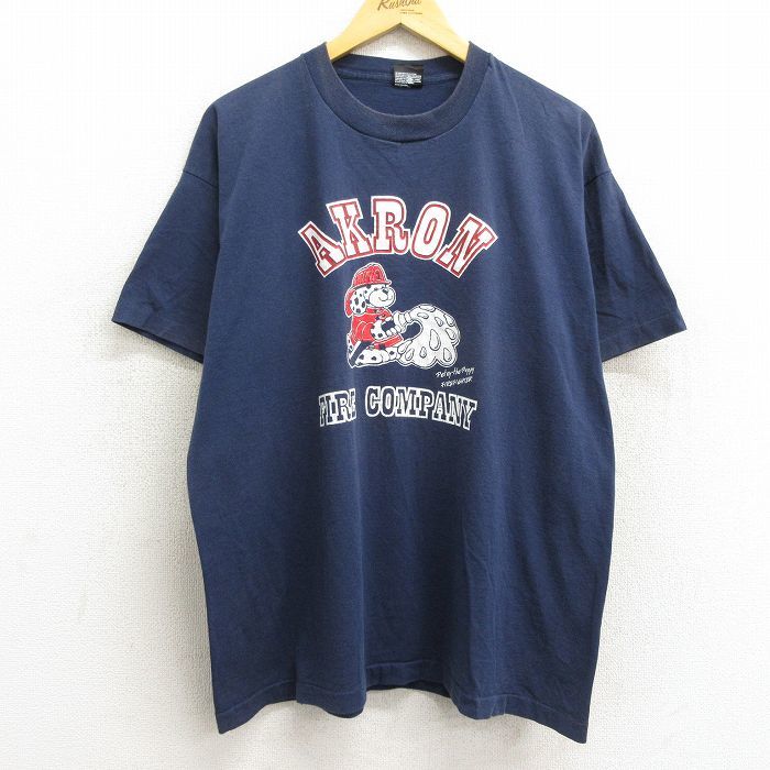 L/古着 半袖 ビンテージ Tシャツ メンズ 90s 犬 アクロン 大きいサイズ クルーネック 紺 ネイビー 23mar13 中古_画像1