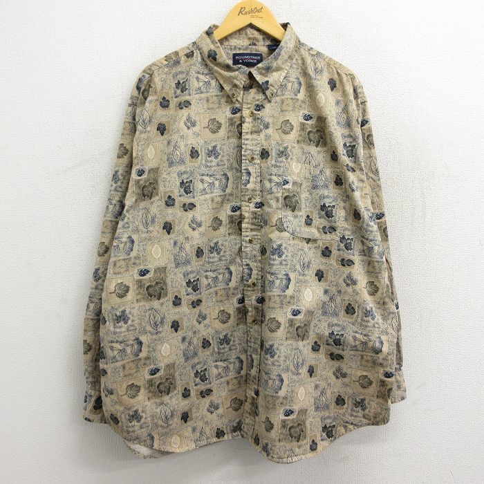 XL/古着 長袖 シャツ メンズ 葉 総柄 大きいサイズ ロング丈 コットン ボタンダウン ベージュ他 カーキ 23apr12 中古 トップス_画像1