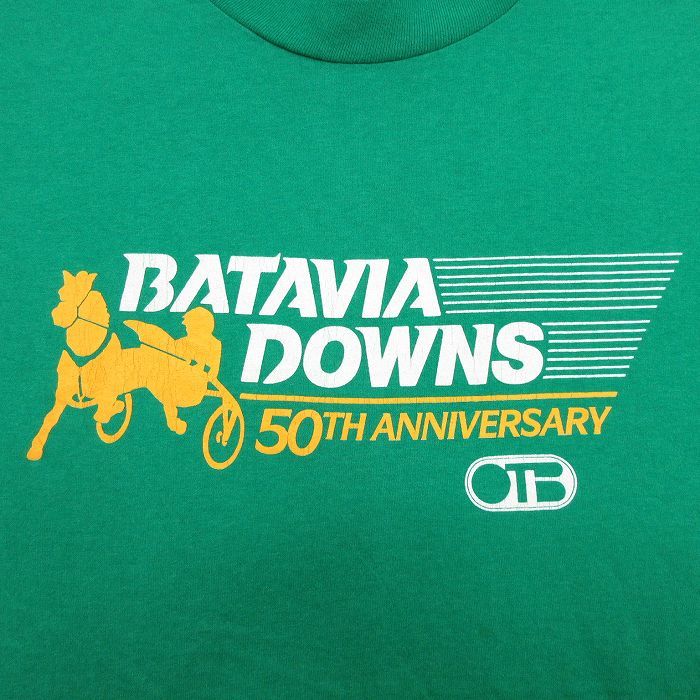 XL/古着 ヘインズ 半袖 ビンテージ Tシャツ メンズ 80s 馬 BATAVIA DOWNS クルーネック 緑 グリーン 23jun21 中古_画像2