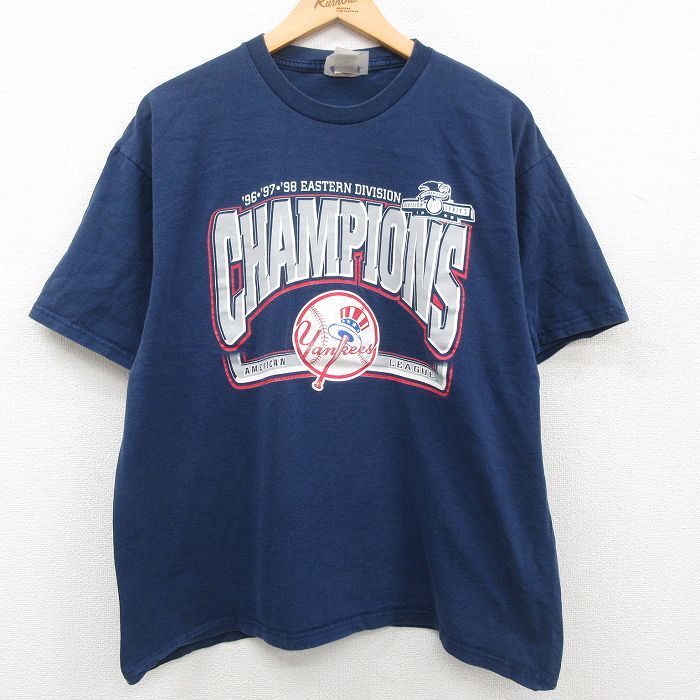 XL/古着 半袖 ビンテージ Tシャツ メンズ 90s MLB ニューヨークヤンキース アメリカンリーグ 大きいサイズ クルーネック 紺 ネイビー_画像1