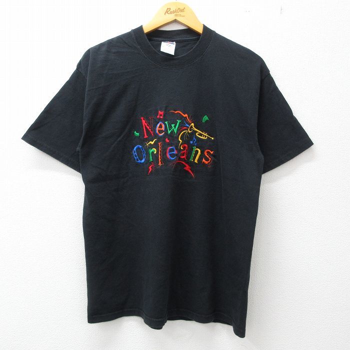 L/古着 半袖 ビンテージ Tシャツ メンズ 00s ニューオーリンズ 音符 ラッパ 刺繍 コットン クルーネック 黒 ブラック 23jun23 中古_画像1