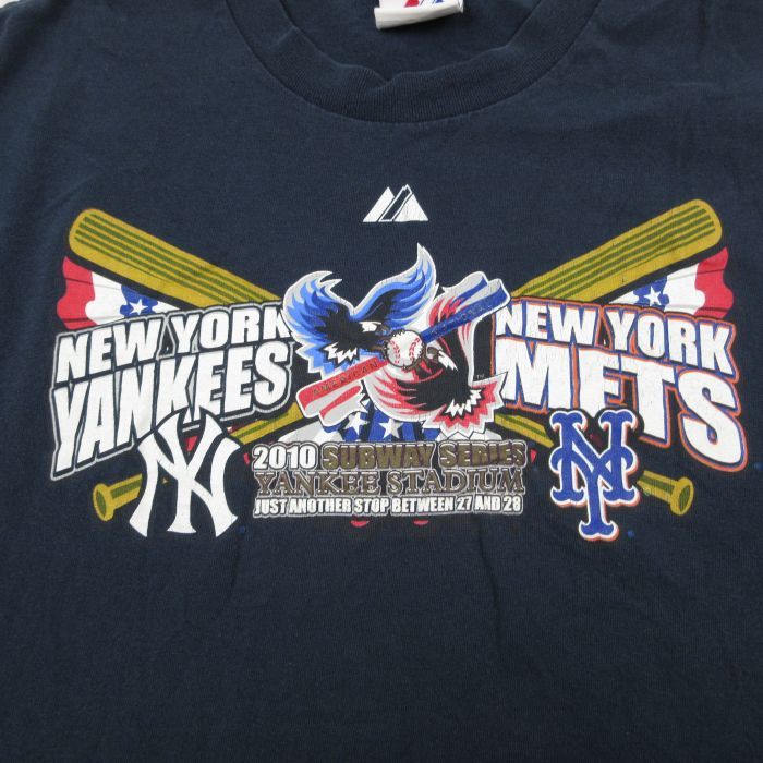 M/古着 マジェスティック 半袖 Tシャツ メンズ MLB ニューヨークヤンキース ニューヨークメッツ サブウェイシリーズ クルーネック 紺_画像2