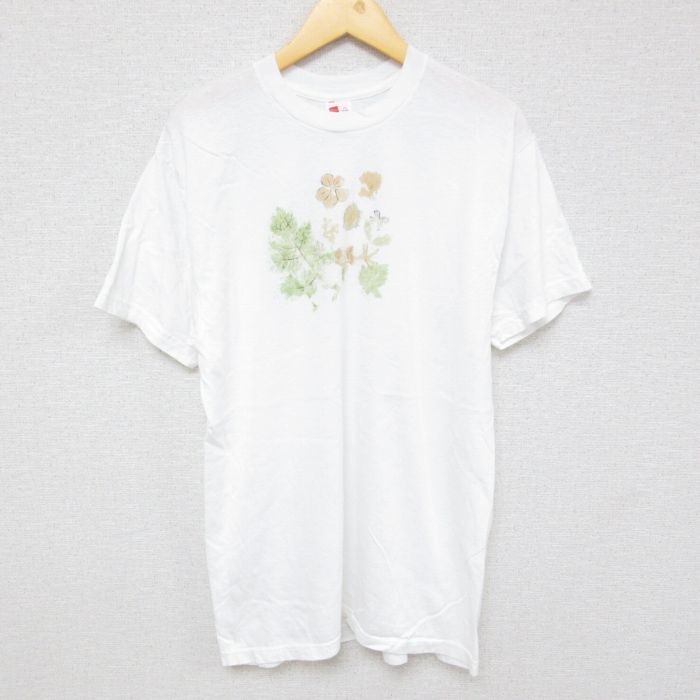 L/古着 ヘインズ Hanes 半袖 Tシャツ メンズ 葉 コットン クルーネック 白 ホワイト 23aug07 中古_画像1