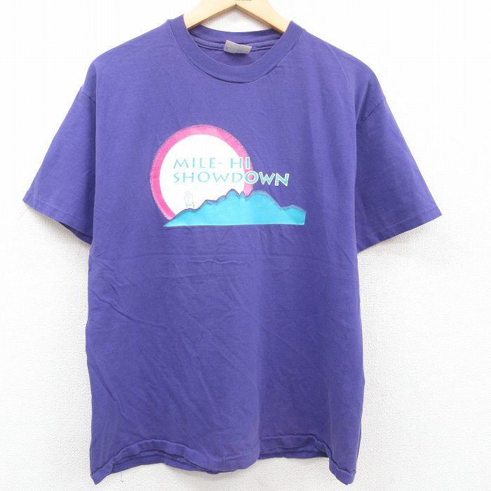 L/古着 ヘインズ 半袖 ビンテージ Tシャツ メンズ 80s MILE-HI SHOWDOWN コットン クルーネック 紫 パープル 23sep09 中古_画像1