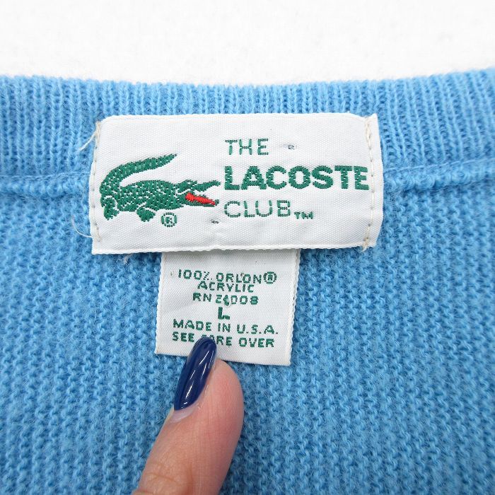 L/古着 ラコステ LACOSTE 長袖 セーター メンズ 90s ワンポイントロゴ アクリル Vネック 水色 23dec04 中古 ニット トップス_画像4