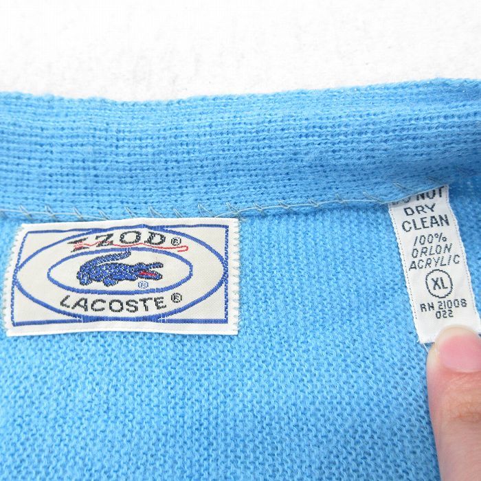 XL/古着 ラコステ LACOSTE IZOD 長袖 ブランド ニット カーディガン メンズ 90s ワンポイントロゴ アクリル Vネック 水色 23oct11 中古_画像5