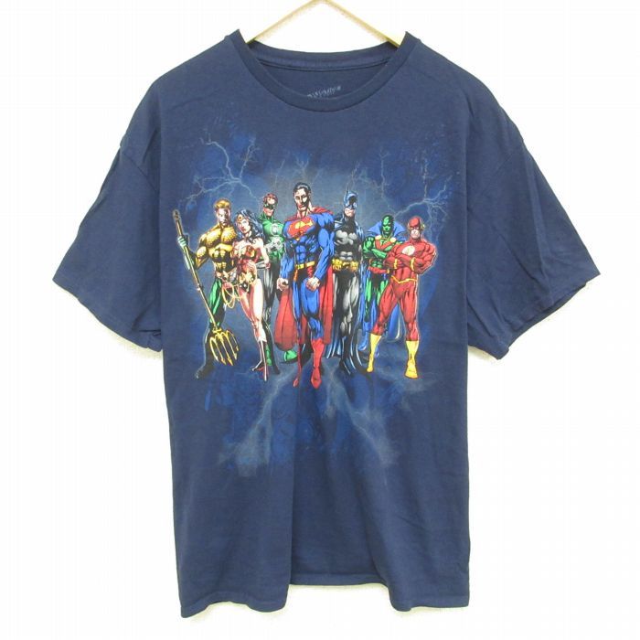 XL/古着 半袖 Tシャツ メンズ DCコミックス ジャスティスリーグ バットマン BATMAN スーパーマン コットン クルーネック 紺 ネイビー 2_画像1