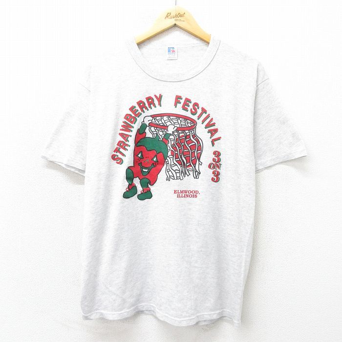 XL/古着 ラッセル 半袖 ビンテージ Tシャツ メンズ 80s バスケットボール 企業広告 クルーネック 薄グレー 霜降り spe 23may26 中古_画像1